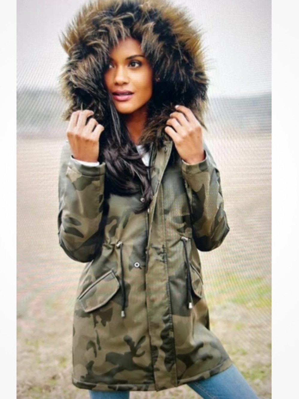 Donna Salyers Fabulous Furs Camo Anorak Coat Sm Faux Fur Hood Olive